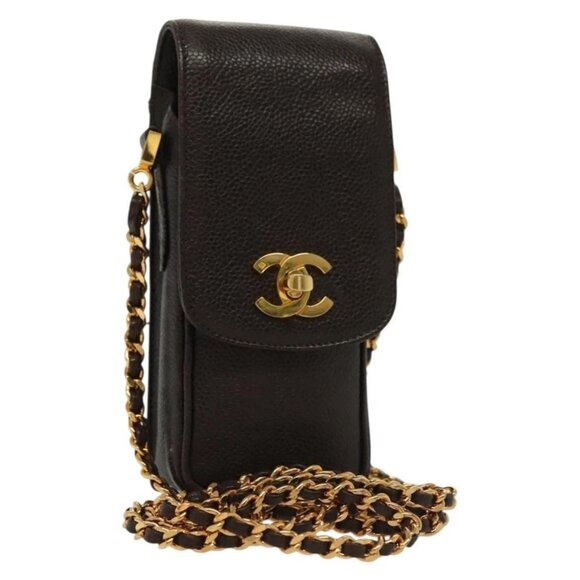 CHANEL Chain Shoulder Bag Grained Calf Skin Brown Gold CC Auth 138561 - Picture 1 of 16